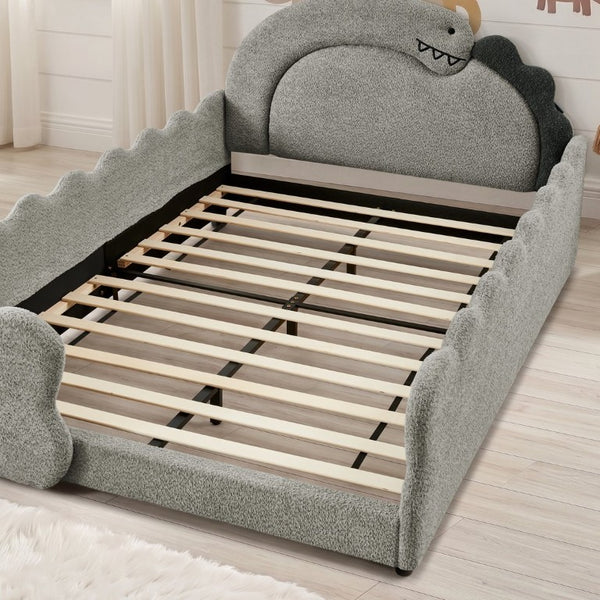 English Elm Twin Castle Boucle Upholstered Bed with Guardrails and Privacy Curtain for Kids Room Full Grey W1413S00224