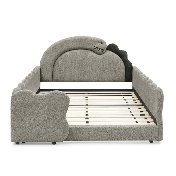 English Elm Twin Castle Boucle Upholstered Bed with Guardrails and Privacy Curtain for Kids Room Full Grey W1413S00224