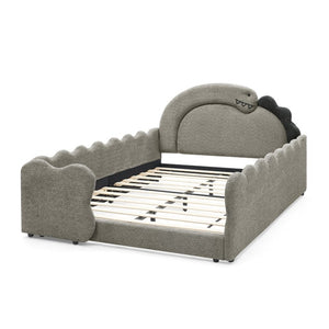 English Elm Twin Castle Boucle Upholstered Bed with Guardrails and Privacy Curtain for Kids Room Full Grey W1413S00224