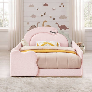 English Elm Twin Castle Boucle Upholstered Bed with Guardrails and Privacy Curtain for Kids Room Full Pink W1413S00225