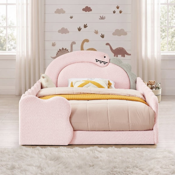 English Elm Twin Castle Boucle Upholstered Bed with Guardrails and Privacy Curtain for Kids Room Full Pink W1413S00225