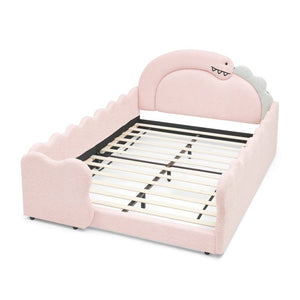English Elm Twin Castle Boucle Upholstered Bed with Guardrails and Privacy Curtain for Kids Room Full Pink W1413S00225