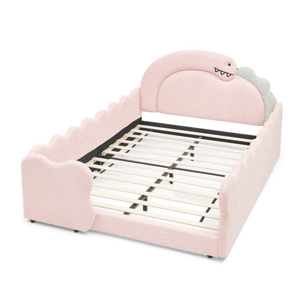 English Elm Twin Castle Boucle Upholstered Bed with Guardrails and Privacy Curtain for Kids Room Full Pink W1413S00225