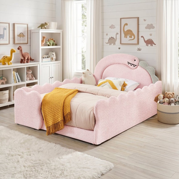 English Elm Twin Castle Boucle Upholstered Bed with Guardrails and Privacy Curtain for Kids Room Full Pink W1413S00225
