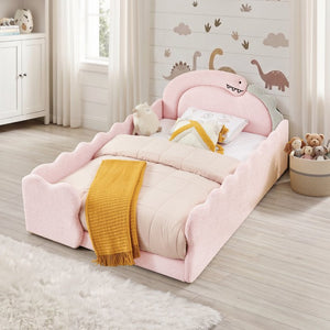 English Elm Twin Castle Boucle Upholstered Bed with Guardrails and Privacy Curtain for Kids Room Full Pink W1413S00225