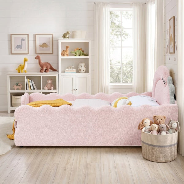 English Elm Twin Castle Boucle Upholstered Bed with Guardrails and Privacy Curtain for Kids Room Full Pink W1413S00225