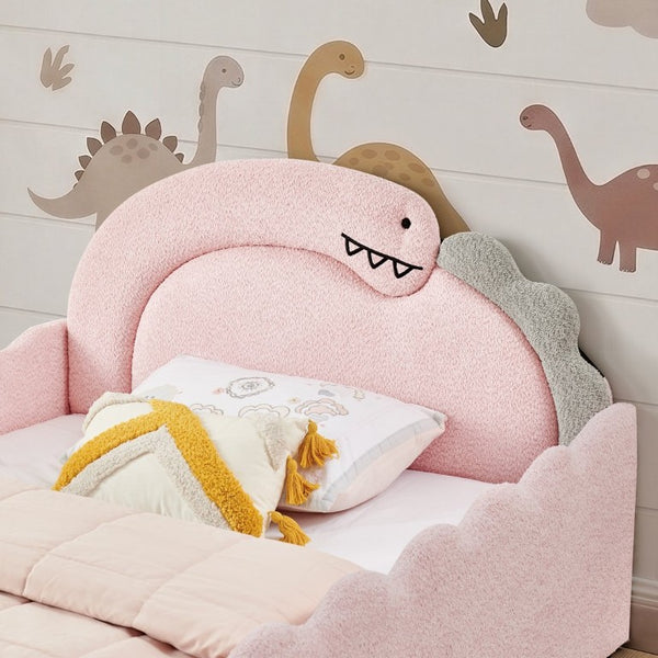 English Elm Twin Castle Boucle Upholstered Bed with Guardrails and Privacy Curtain for Kids Room Full Pink W1413S00225