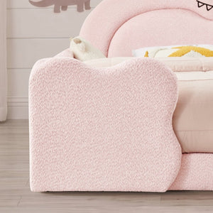 English Elm Twin Castle Boucle Upholstered Bed with Guardrails and Privacy Curtain for Kids Room Full Pink W1413S00225
