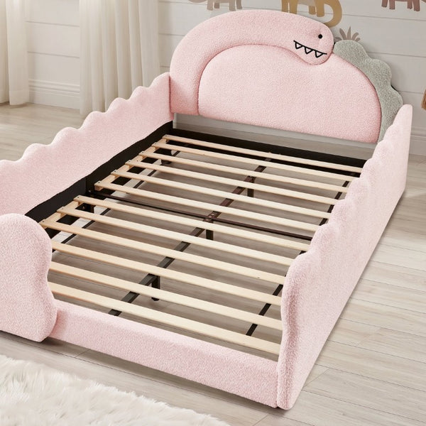 English Elm Twin Castle Boucle Upholstered Bed with Guardrails and Privacy Curtain for Kids Room Full Pink W1413S00225