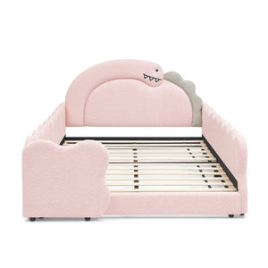 English Elm Twin Castle Boucle Upholstered Bed with Guardrails and Privacy Curtain for Kids Room Full Pink W1413S00225