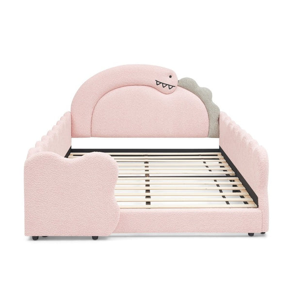 English Elm Twin Castle Boucle Upholstered Bed with Guardrails and Privacy Curtain for Kids Room Full Pink W1413S00225