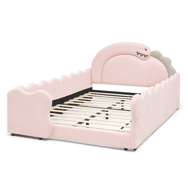 English Elm Twin Castle Boucle Upholstered Bed with Guardrails and Privacy Curtain for Kids Room Full Pink W1413S00225