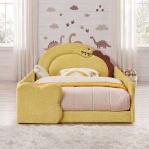 English Elm Full Size Boucle Upholstered Kids Bed with Sculpted Dinosaur Headboard and Padded Guardrails Yellow Dinosaur-Shaped Bed W1413S00226
