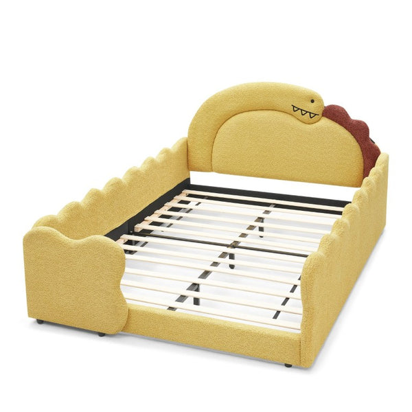 English Elm Full Size Boucle Upholstered Kids Bed with Sculpted Dinosaur Headboard and Padded Guardrails Yellow Dinosaur-Shaped Bed W1413S00226