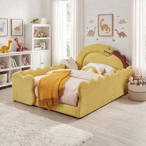 English Elm Full Size Boucle Upholstered Kids Bed with Sculpted Dinosaur Headboard and Padded Guardrails Yellow Dinosaur-Shaped Bed W1413S00226