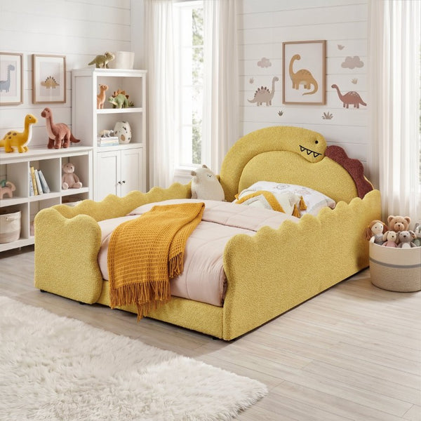 English Elm Full Size Boucle Upholstered Kids Bed with Sculpted Dinosaur Headboard and Padded Guardrails Yellow Dinosaur-Shaped Bed W1413S00226
