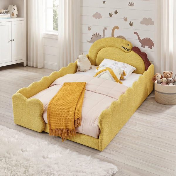English Elm Full Size Boucle Upholstered Kids Bed with Sculpted Dinosaur Headboard and Padded Guardrails Yellow Dinosaur-Shaped Bed W1413S00226