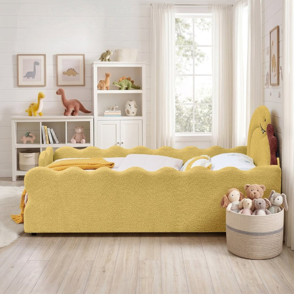 English Elm Full Size Boucle Upholstered Kids Bed with Sculpted Dinosaur Headboard and Padded Guardrails Yellow Dinosaur-Shaped Bed W1413S00226