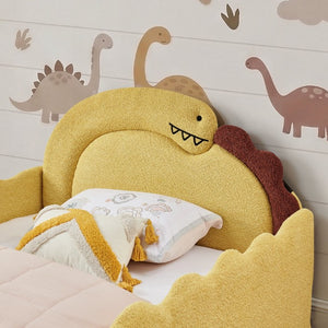 English Elm Full Size Boucle Upholstered Kids Bed with Sculpted Dinosaur Headboard and Padded Guardrails Yellow Dinosaur-Shaped Bed W1413S00226