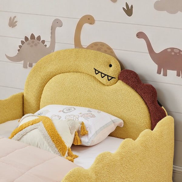 English Elm Full Size Boucle Upholstered Kids Bed with Sculpted Dinosaur Headboard and Padded Guardrails Yellow Dinosaur-Shaped Bed W1413S00226