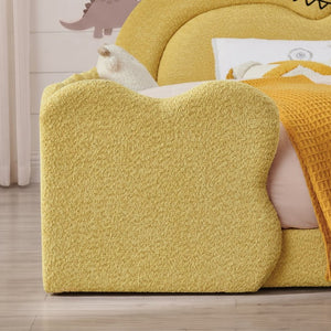 English Elm Full Size Boucle Upholstered Kids Bed with Sculpted Dinosaur Headboard and Padded Guardrails Yellow Dinosaur-Shaped Bed W1413S00226