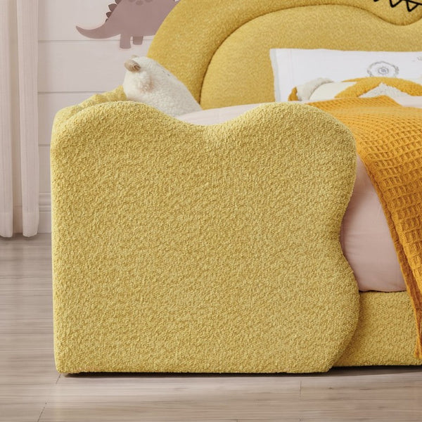 English Elm Full Size Boucle Upholstered Kids Bed with Sculpted Dinosaur Headboard and Padded Guardrails Yellow Dinosaur-Shaped Bed W1413S00226