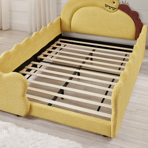 English Elm Full Size Boucle Upholstered Kids Bed with Sculpted Dinosaur Headboard and Padded Guardrails Yellow Dinosaur-Shaped Bed W1413S00226