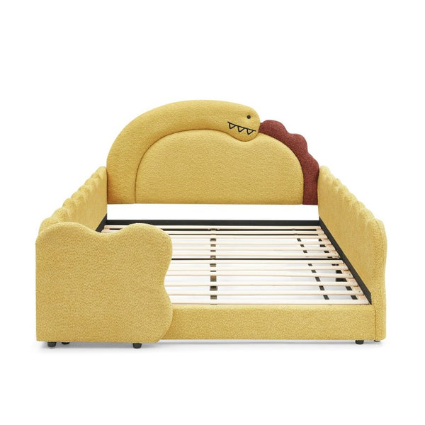English Elm Full Size Boucle Upholstered Kids Bed with Sculpted Dinosaur Headboard and Padded Guardrails Yellow Dinosaur-Shaped Bed W1413S00226