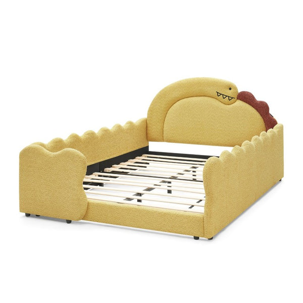 English Elm Full Size Boucle Upholstered Kids Bed with Sculpted Dinosaur Headboard and Padded Guardrails Yellow Dinosaur-Shaped Bed W1413S00226