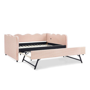 English Elm Full Size Boucle Upholstered Kids Bed with Sculpted Dinosaur Headboard and Padded Guardrails Pink With Trundle W1413S00227