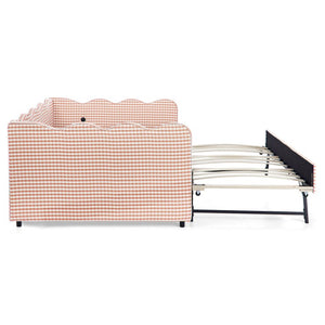 English Elm Full Size Boucle Upholstered Kids Bed with Sculpted Dinosaur Headboard and Padded Guardrails Pink With Trundle W1413S00227