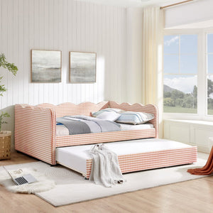 English Elm Full Size Boucle Upholstered Kids Bed with Sculpted Dinosaur Headboard and Padded Guardrails Pink With Trundle W1413S00227