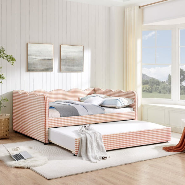 English Elm Full Size Boucle Upholstered Kids Bed with Sculpted Dinosaur Headboard and Padded Guardrails Pink With Trundle W1413S00227