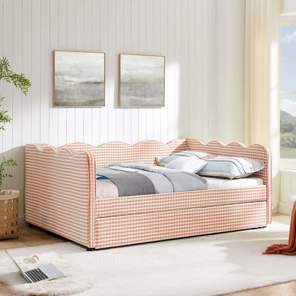 English Elm Full Size Boucle Upholstered Kids Bed with Sculpted Dinosaur Headboard and Padded Guardrails Pink With Trundle W1413S00227