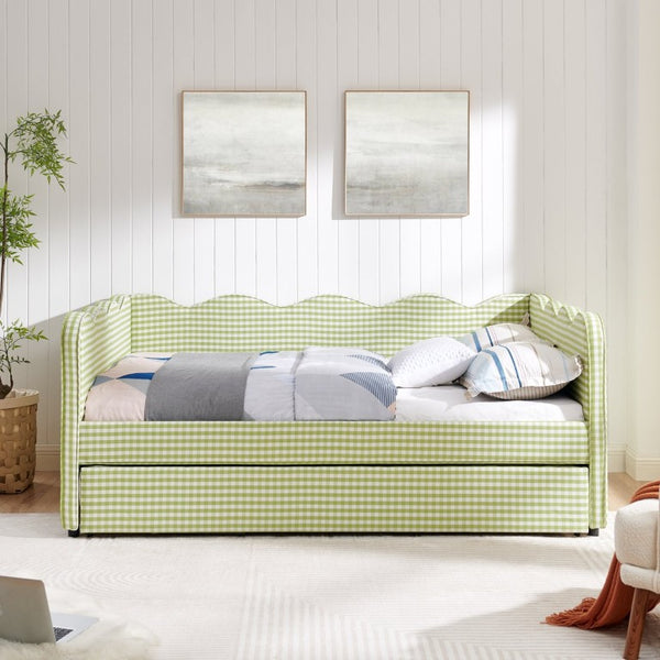 English Elm Full Size Boucle Upholstered Kids Bed with Sculpted Dinosaur Headboard and Padded Guardrails Green With Trundle W1413S00228