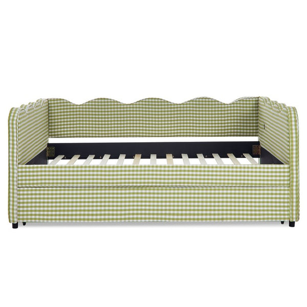English Elm Full Size Boucle Upholstered Kids Bed with Sculpted Dinosaur Headboard and Padded Guardrails Green With Trundle W1413S00228