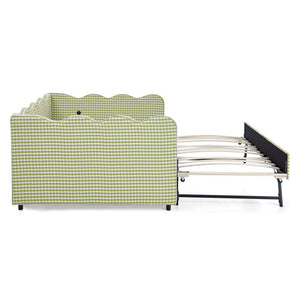 English Elm Full Size Boucle Upholstered Kids Bed with Sculpted Dinosaur Headboard and Padded Guardrails Green With Trundle W1413S00228