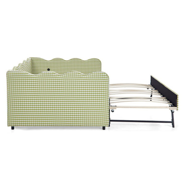 English Elm Full Size Boucle Upholstered Kids Bed with Sculpted Dinosaur Headboard and Padded Guardrails Green With Trundle W1413S00228