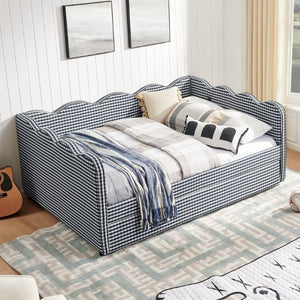 English Elm Full Size Boucle Upholstered Kids Bed with Sculpted Dinosaur Headboard and Padded Guardrails Navy With Trundle W1413S00229