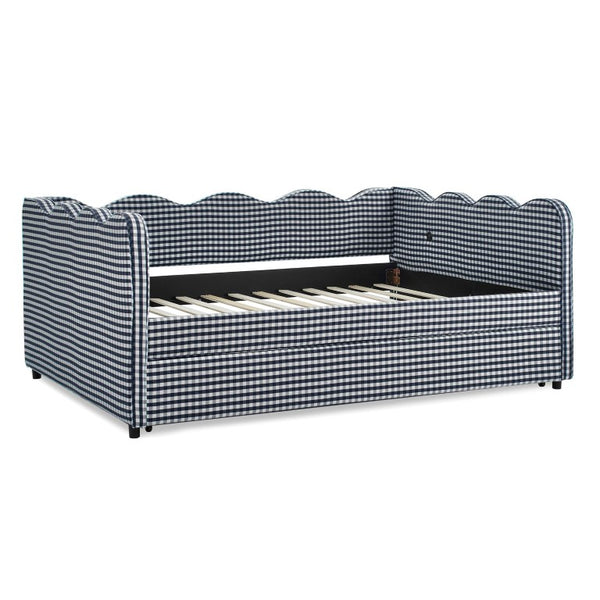English Elm Full Size Boucle Upholstered Kids Bed with Sculpted Dinosaur Headboard and Padded Guardrails Navy With Trundle W1413S00229