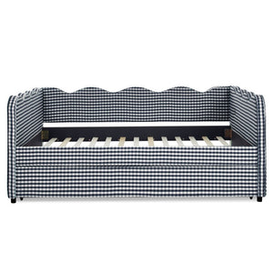 English Elm Full Size Boucle Upholstered Kids Bed with Sculpted Dinosaur Headboard and Padded Guardrails Navy With Trundle W1413S00229