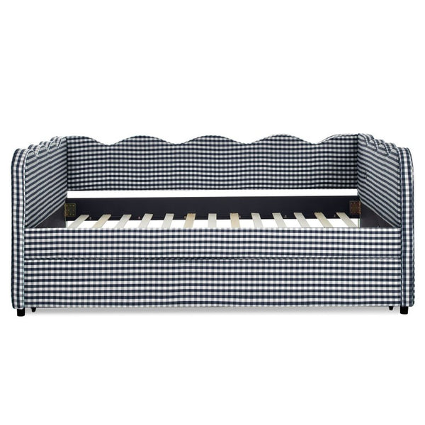 English Elm Full Size Boucle Upholstered Kids Bed with Sculpted Dinosaur Headboard and Padded Guardrails Navy With Trundle W1413S00229