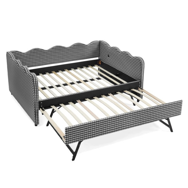 English Elm Full Size Boucle Upholstered Kids Bed with Sculpted Dinosaur Headboard and Padded Guardrails Black With Trundle W1413S00230