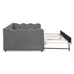 English Elm Full Size Boucle Upholstered Kids Bed with Sculpted Dinosaur Headboard and Padded Guardrails Black With Trundle W1413S00230