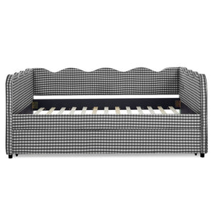 English Elm Full Size Boucle Upholstered Kids Bed with Sculpted Dinosaur Headboard and Padded Guardrails Black With Trundle W1413S00230