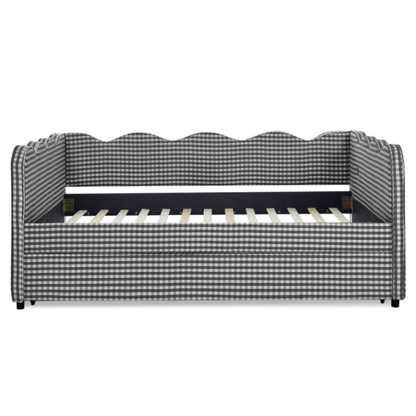 English Elm Full Size Boucle Upholstered Kids Bed with Sculpted Dinosaur Headboard and Padded Guardrails Black With Trundle W1413S00230