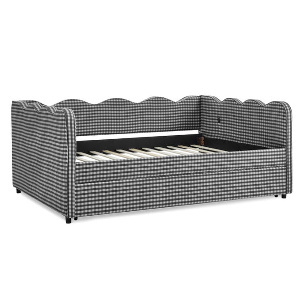 English Elm Full Size Boucle Upholstered Kids Bed with Sculpted Dinosaur Headboard and Padded Guardrails Black With Trundle W1413S00230