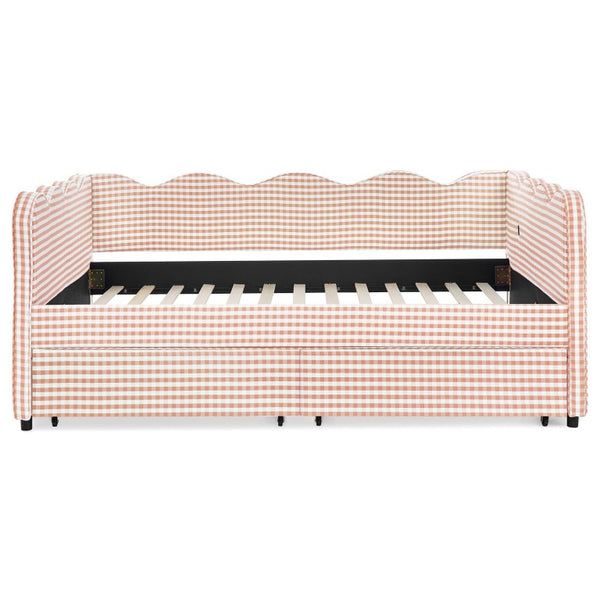 English Elm Full Size Boucle Upholstered Kids Bed with Sculpted Dinosaur Headboard and Padded Guardrails Pink With Storage Drawers W1413S00232