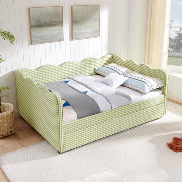 English Elm Full Size Boucle Upholstered Kids Bed with Sculpted Dinosaur Headboard and Padded Guardrails Green With Storage Drawers W1413S00233