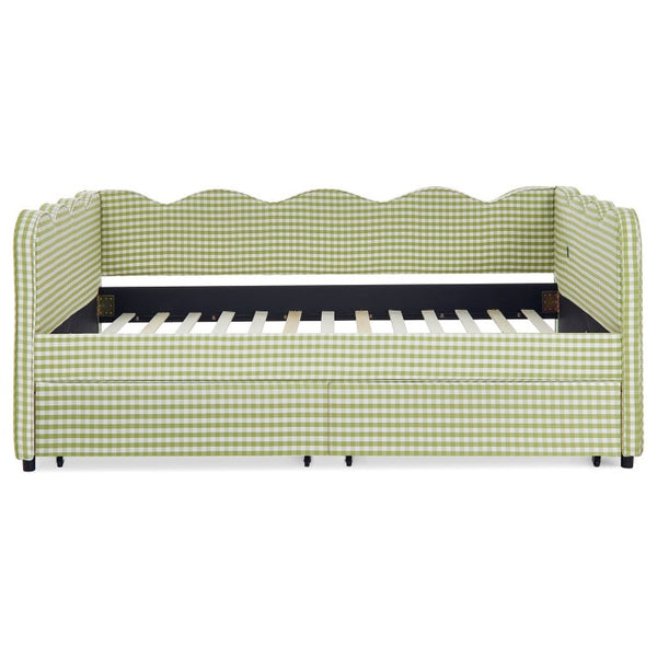 English Elm Full Size Boucle Upholstered Kids Bed with Sculpted Dinosaur Headboard and Padded Guardrails Green With Storage Drawers W1413S00233